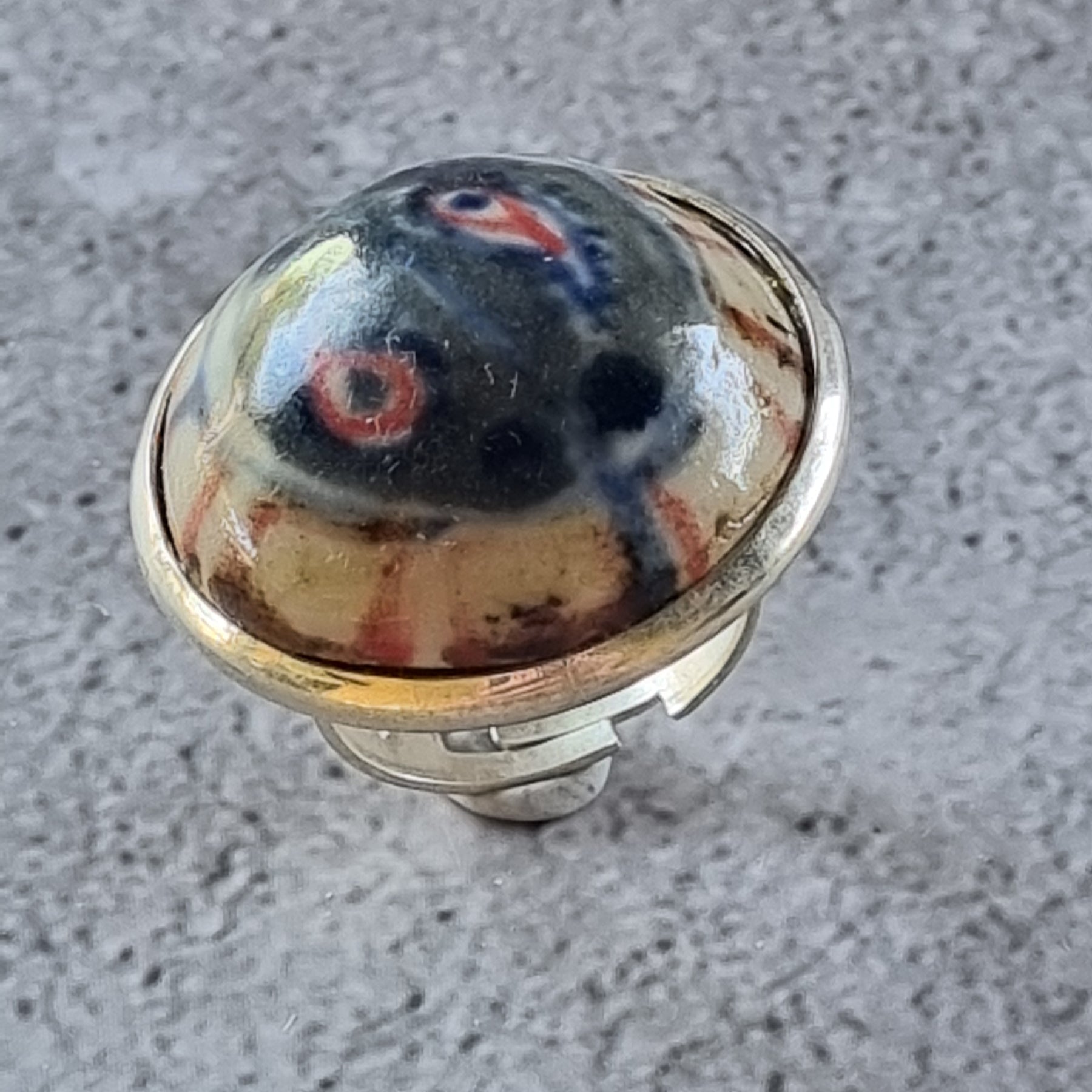 Quirky Ceramic Cocktail Ring, 25mm diameter, adjustable, blue, white and multi-colours