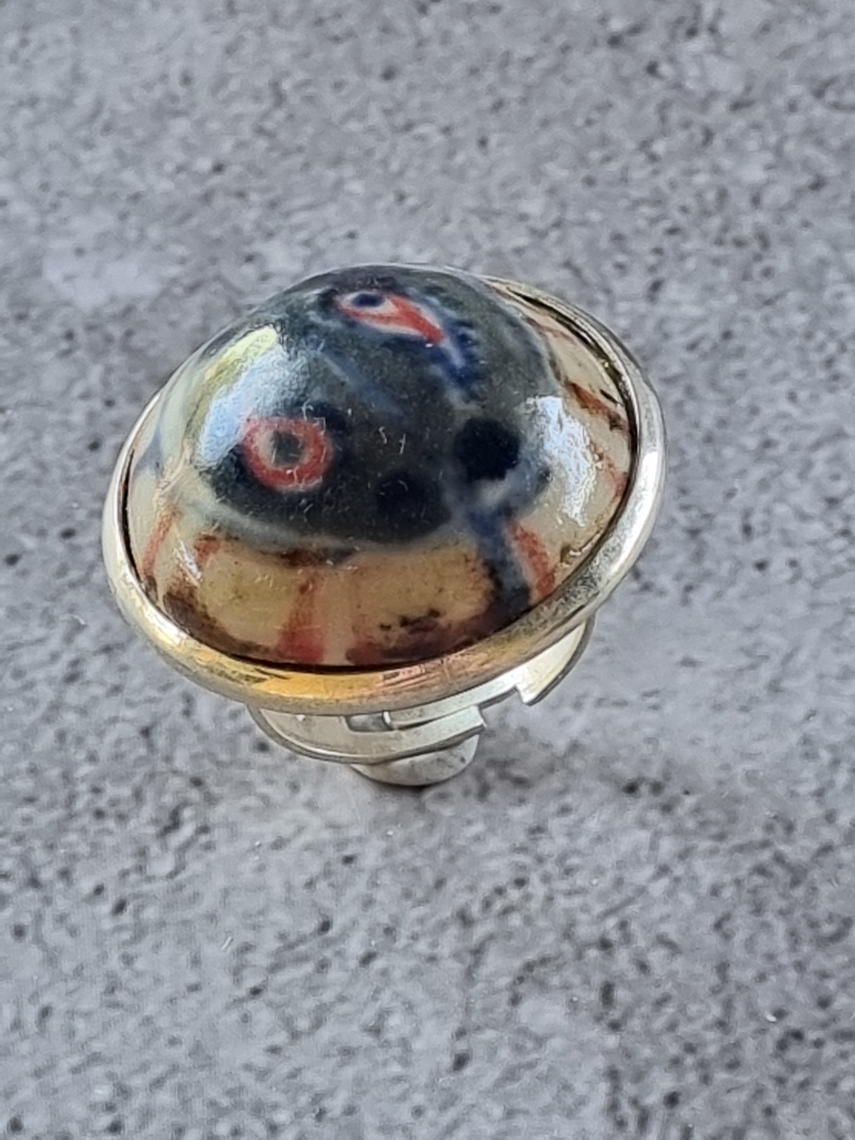 Quirky Ceramic Cocktail Ring, 25mm diameter, adjustable, blue, white and multi-colours