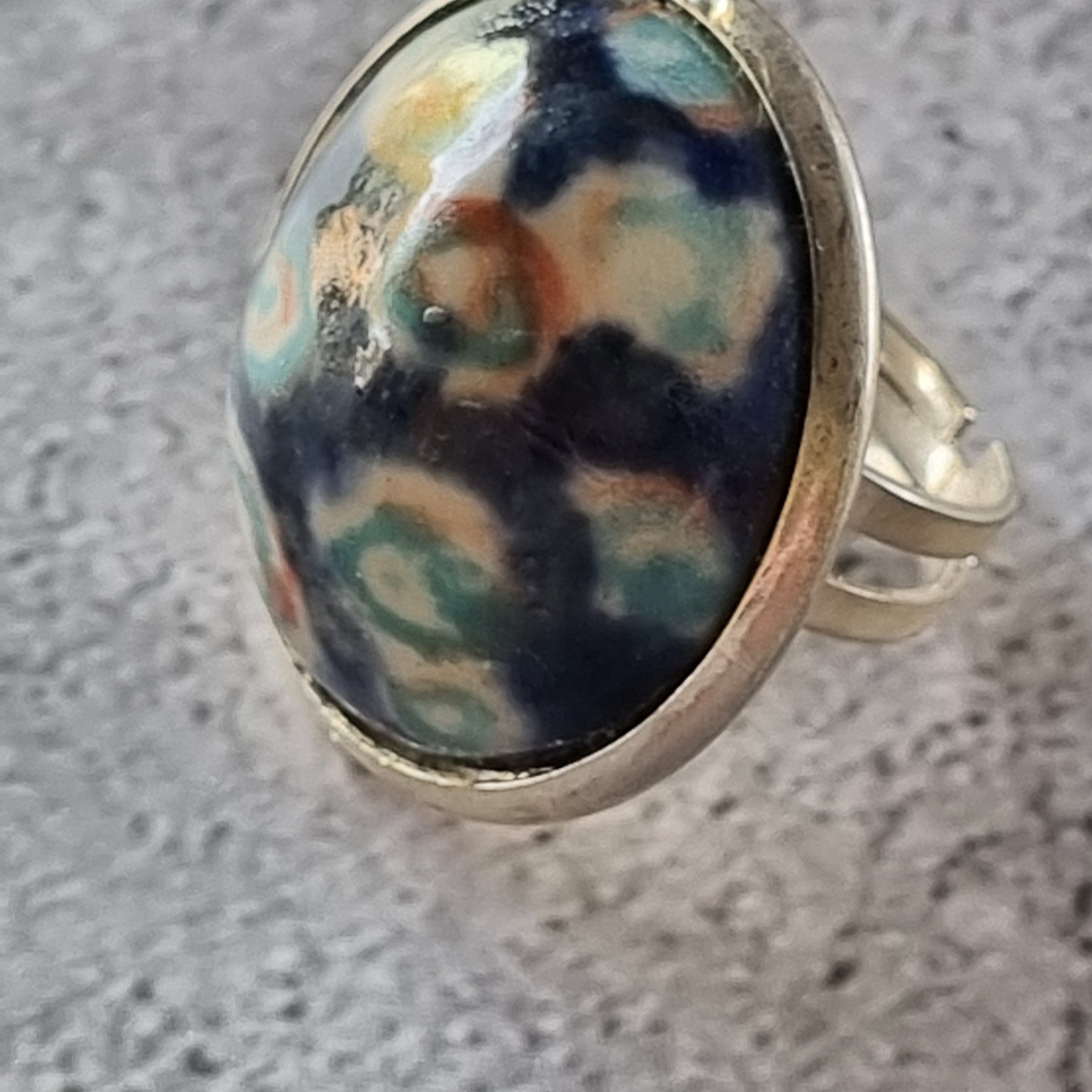 Quirky Ceramic Cocktail Ring, 25mm diameter, adjustable, blue and multi-colours