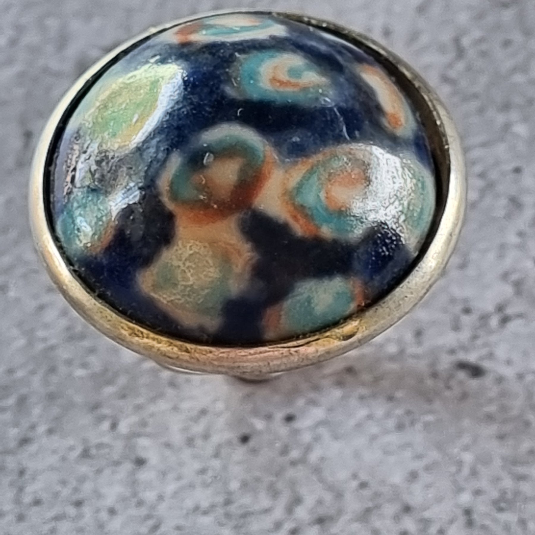 Quirky Ceramic Cocktail Ring, 25mm diameter, adjustable, blue and multi-colours
