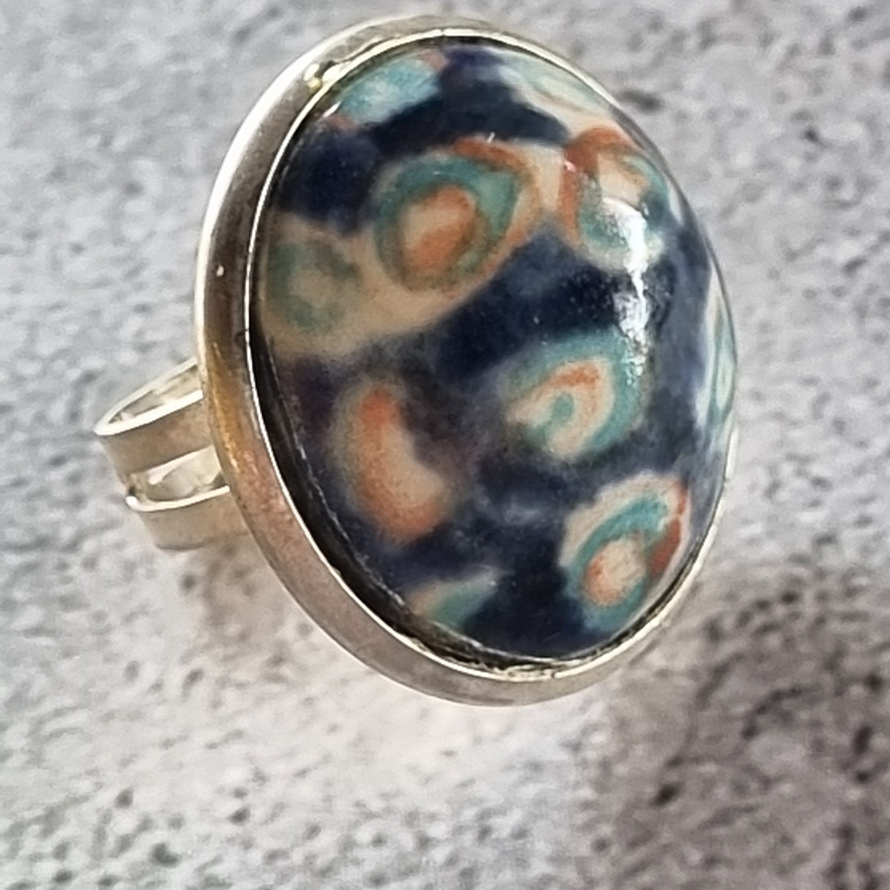 Quirky Ceramic Cocktail Ring, 25mm diameter, adjustable, blue and multi-colours