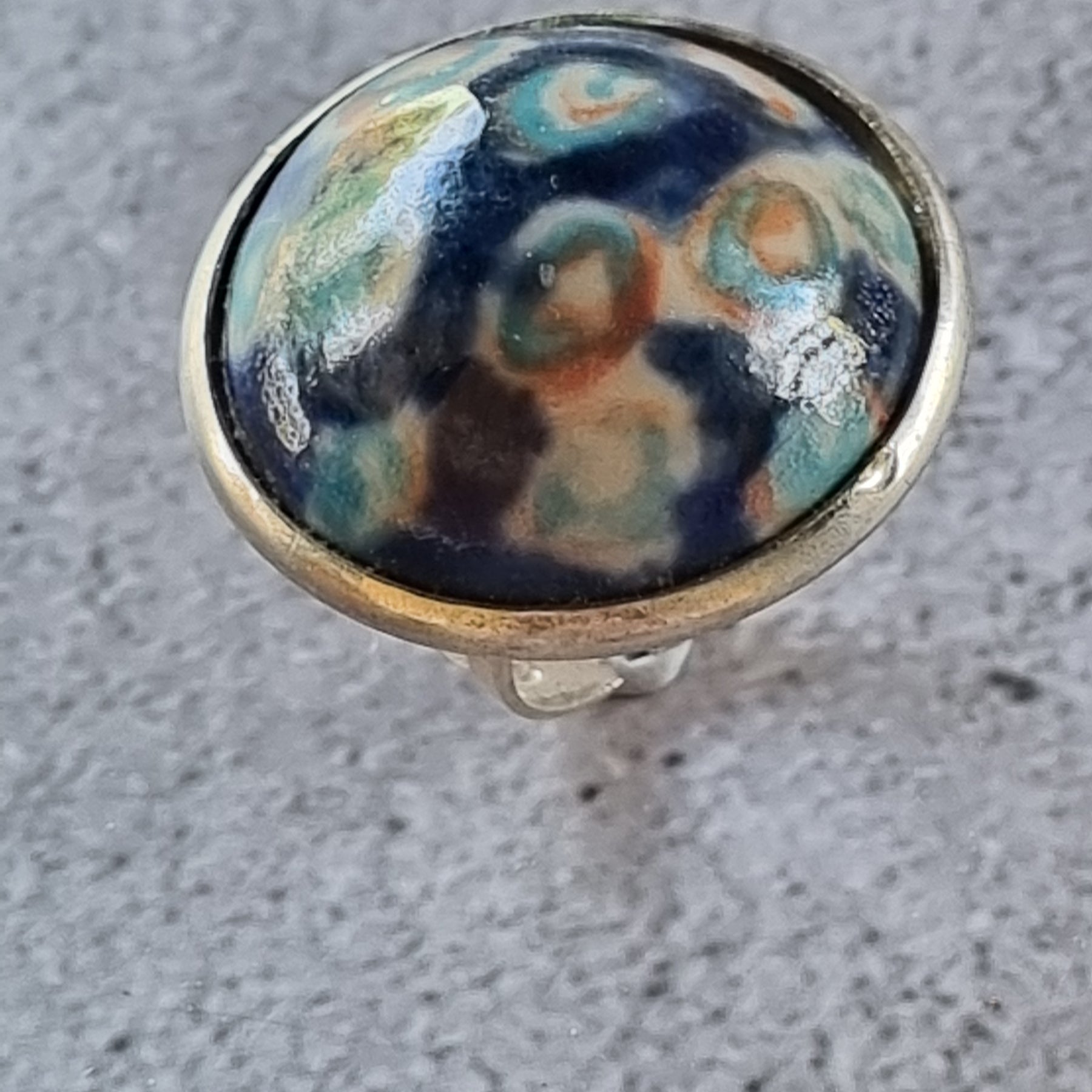 Quirky Ceramic Cocktail Ring, 25mm diameter, adjustable, blue and multi-colours