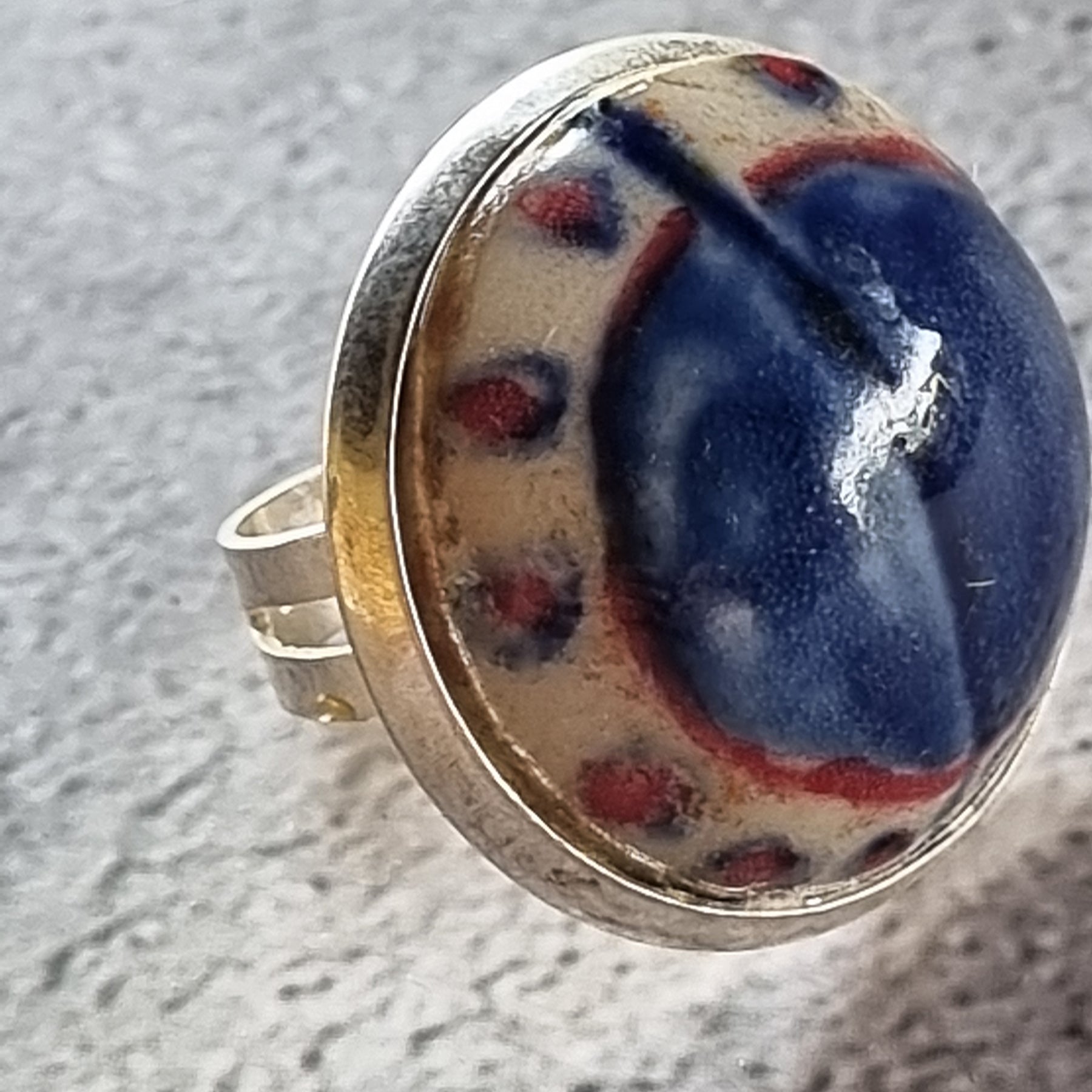 Quirky Ceramic Cocktail Ring, 25mm diameter, adjustable, blue
