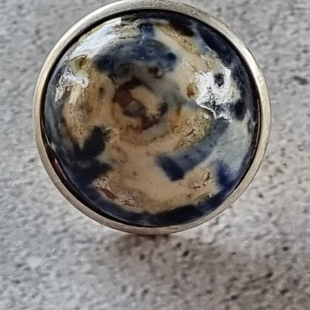 Quirky Ceramic Cocktail Ring, 25mm diameter, adjustable, dark blue, cream and multi-colours