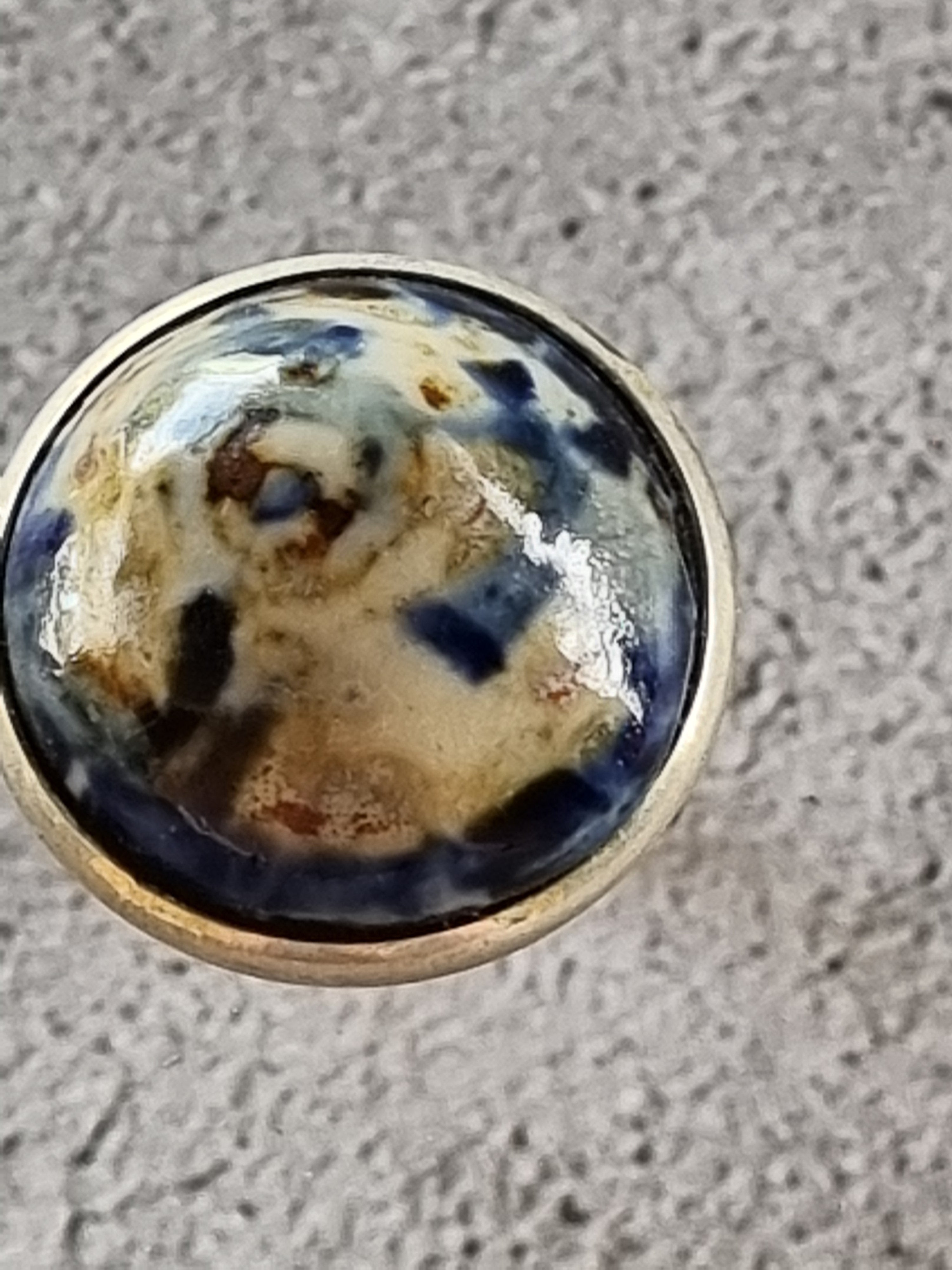 Quirky Ceramic Cocktail Ring, 25mm diameter, adjustable, dark blue, cream and multi-colours