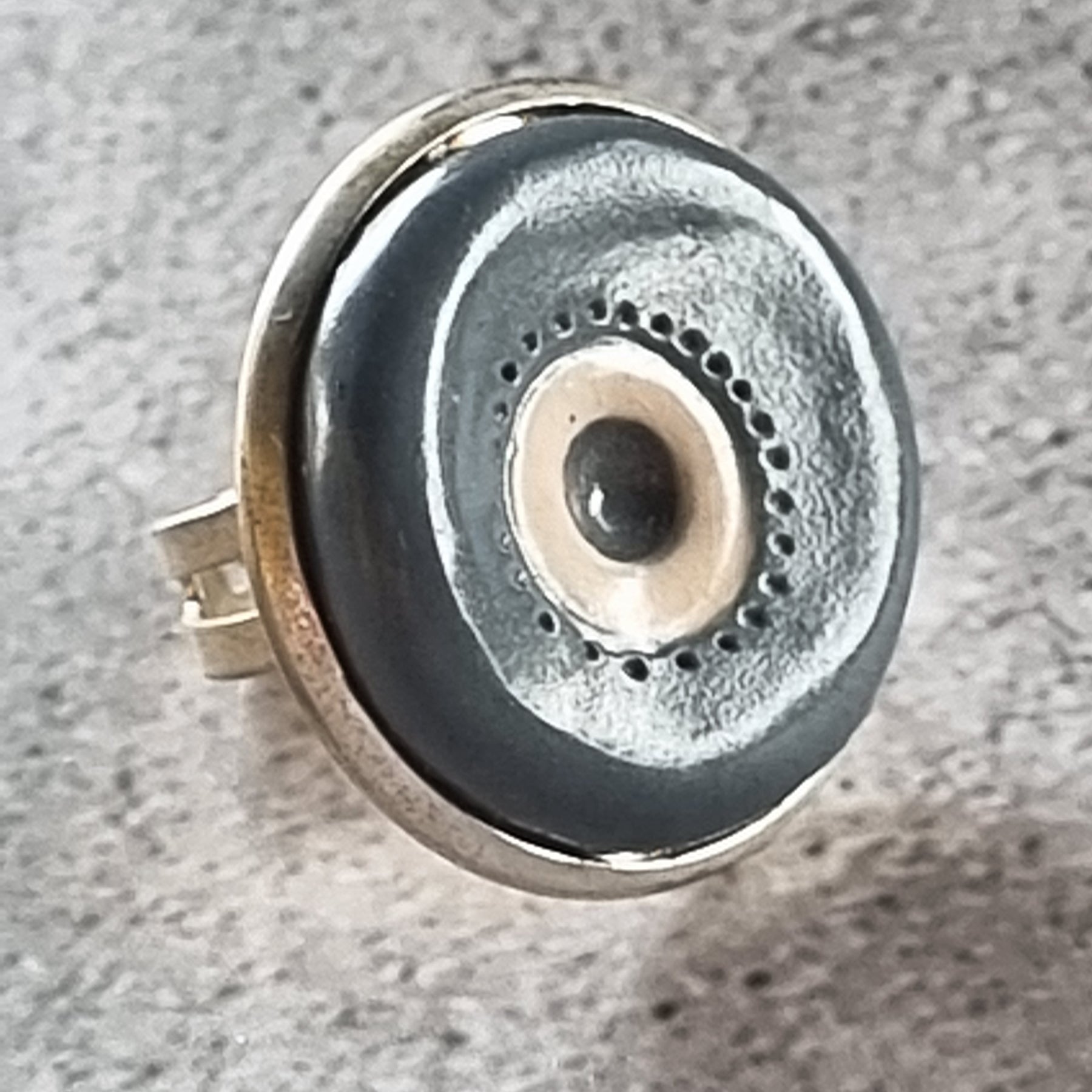 Quirky Ceramic Cocktail Ring, 25mm diameter, adjustable, grey-blue