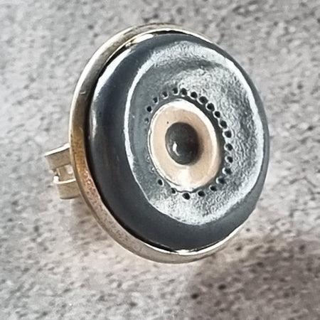 Quirky Ceramic Cocktail Ring, 25mm diameter, adjustable, grey-blue