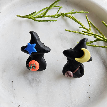 Sitting Cat Earrings , Black Cats with Pumpkin and Broom. Handmade Polymer Clay.