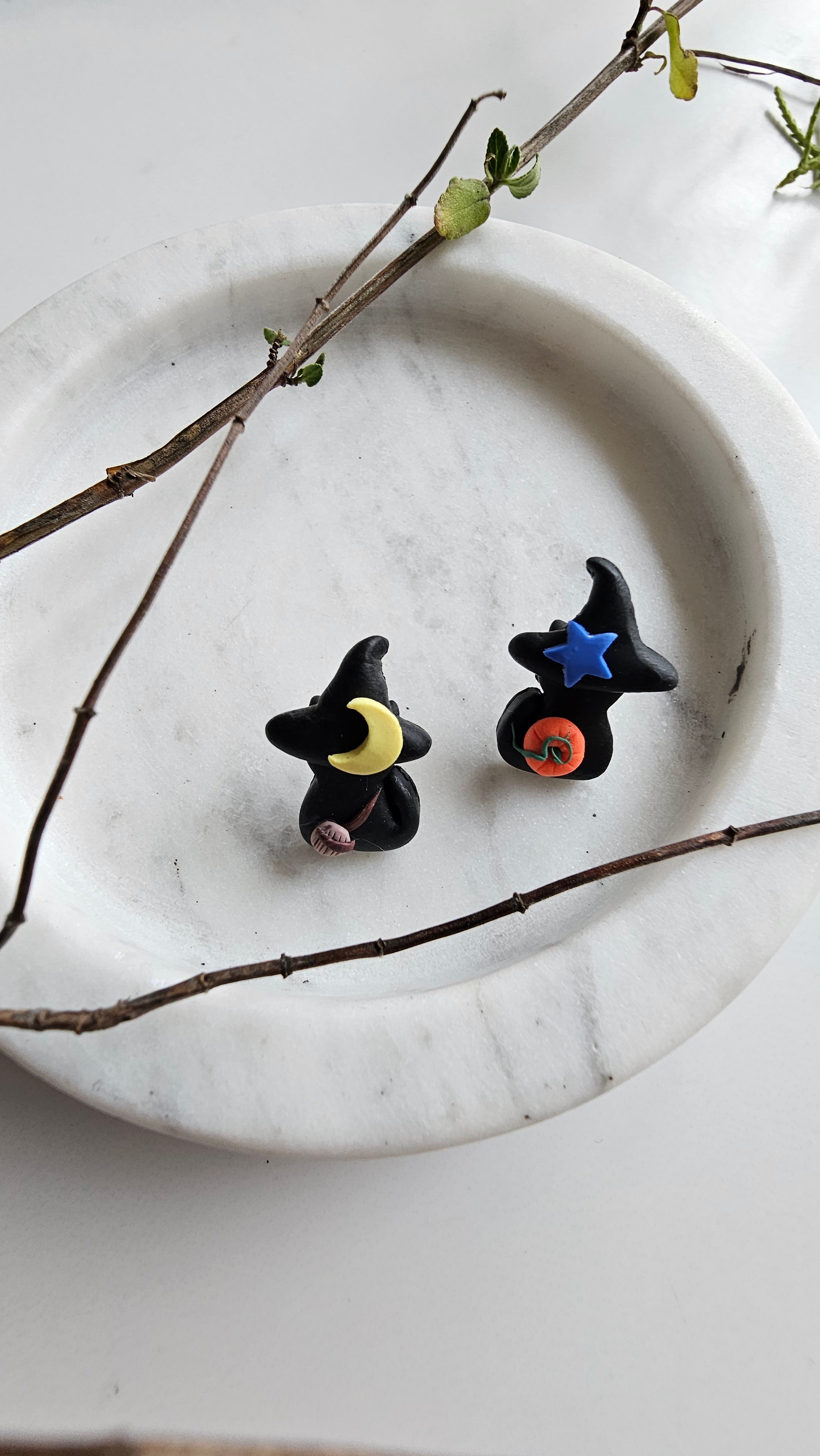 Sitting Cat Earrings , Black Cats with Pumpkin and Broom. Handmade Polymer Clay.
