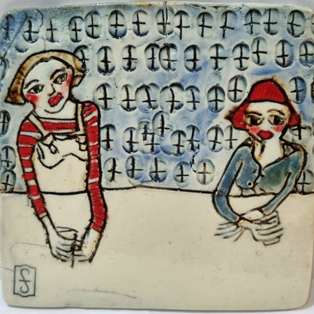 Ceramic Tile Artwork, CONNECTIONS: The Red Hat - Two Friends Catching up at the Cafe, framed