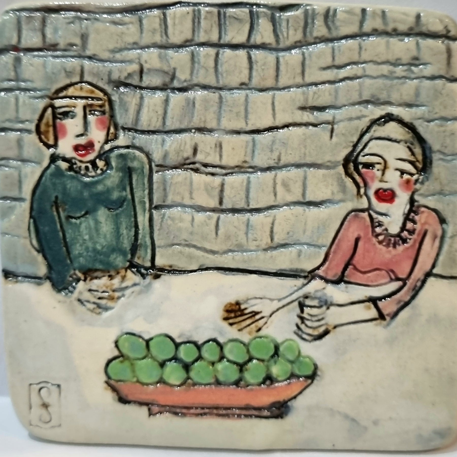 Ceramic Tile Artwork, CONNECTIONS: Neighbours Catching up at the Kitchen Bench, framed