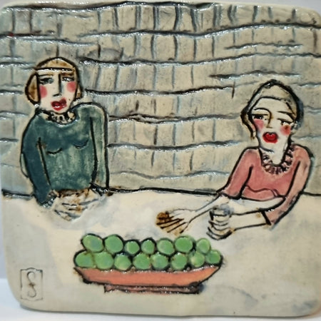 Ceramic Tile Artwork, CONNECTIONS: Neighbours Catching up at the Kitchen Bench, framed