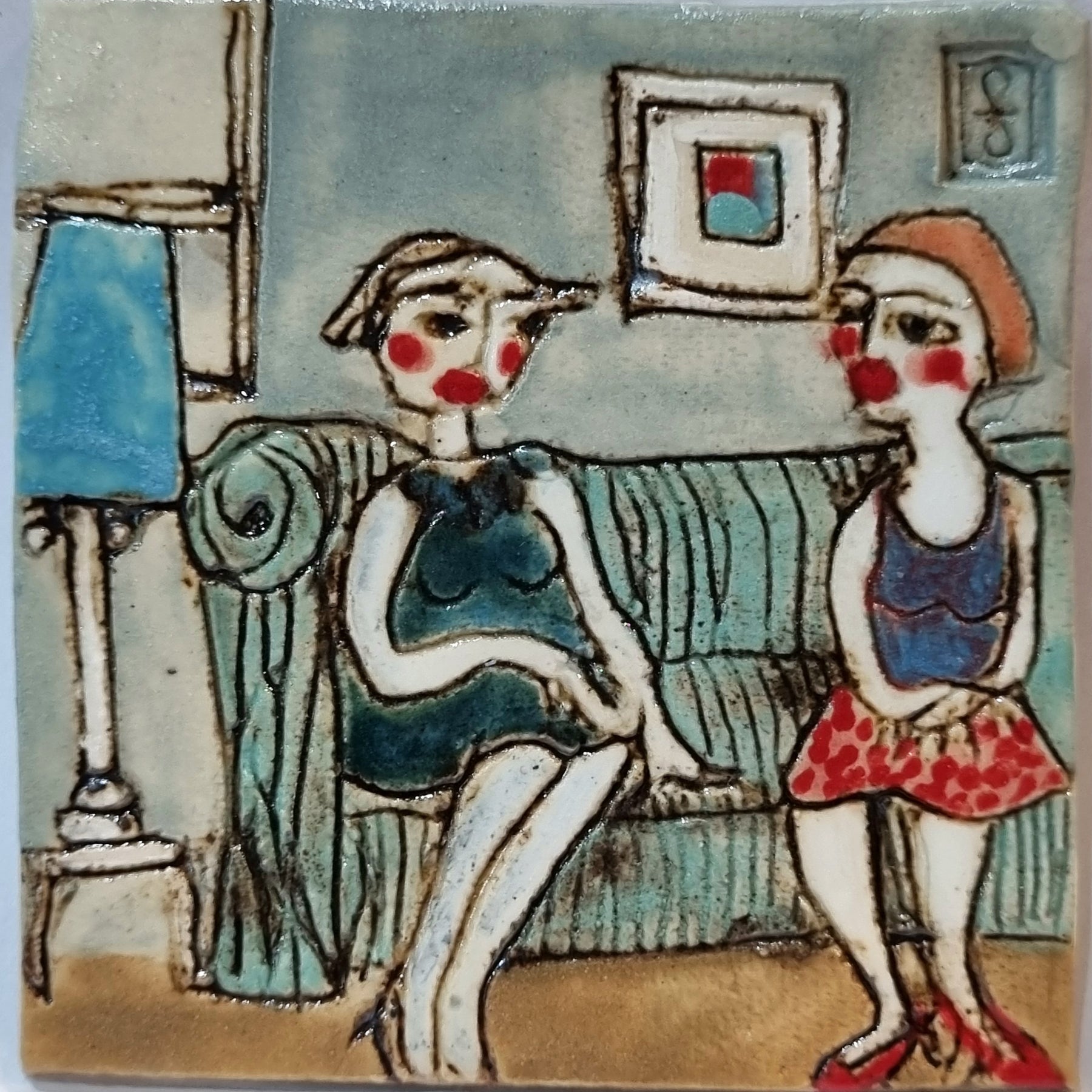 Ceramic Tile Artwork, CONNECTIONS: Two Women in Conversation on the Green Couch, framed