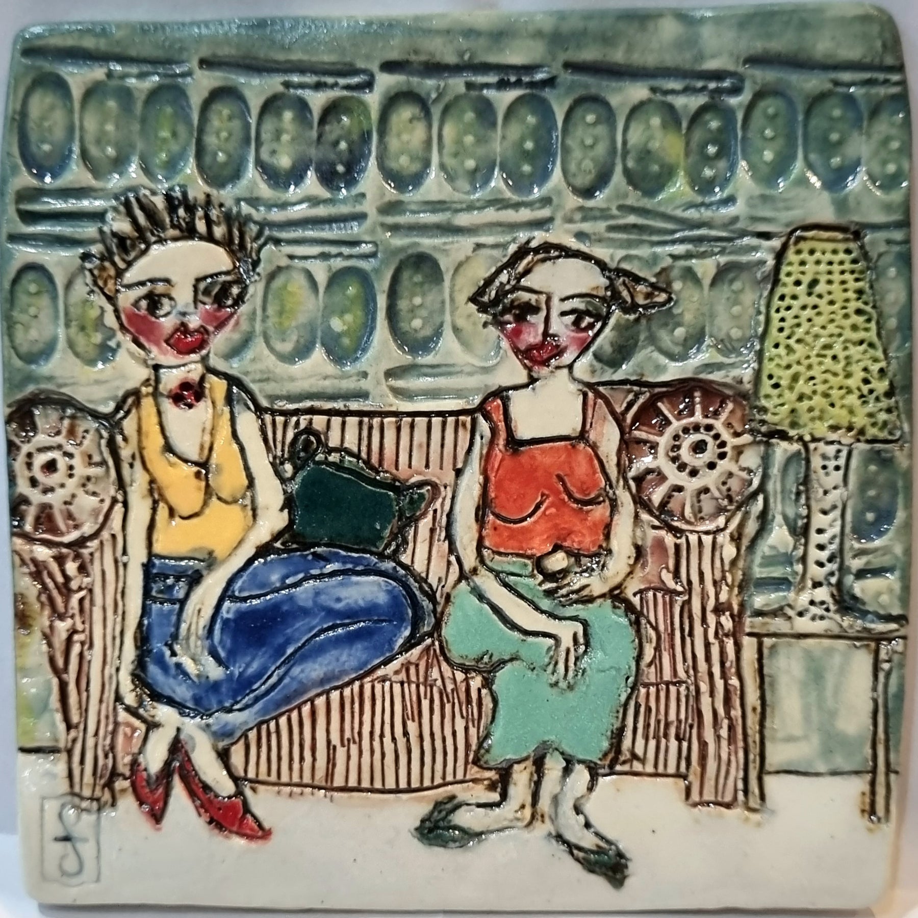 Ceramic Tile Artwork, CONNECTIONS: Two Women Chatting on the Comfy Couch, framed
