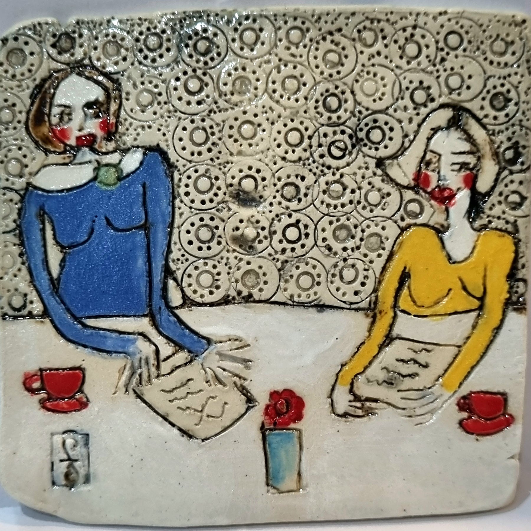 Ceramic Tile Artwork, CONNECTIONS: Friends out for Breakfast at the Cafe, framed