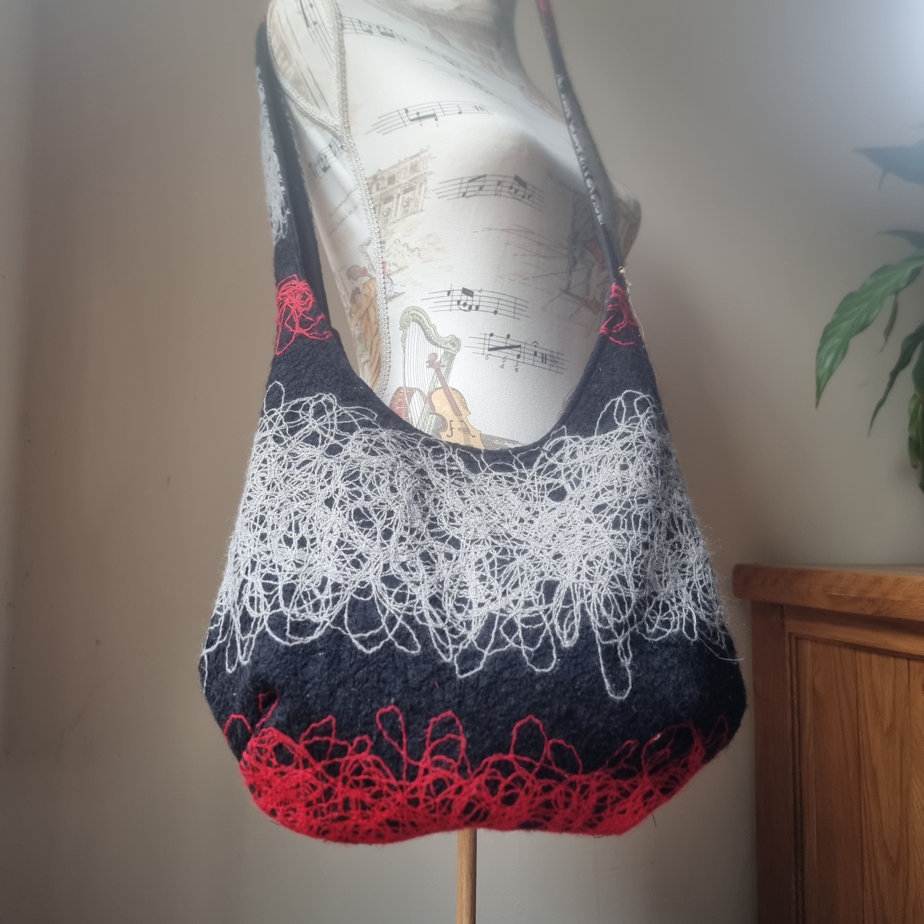 Upcycled slouchy hobo bag - black with red & grey squiggles
