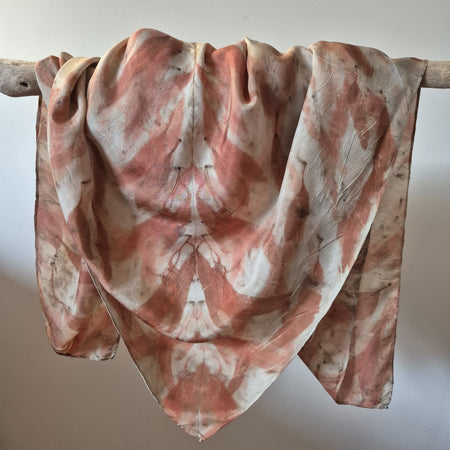 Silk scarf square ecoprinted with eucalyptus leaves