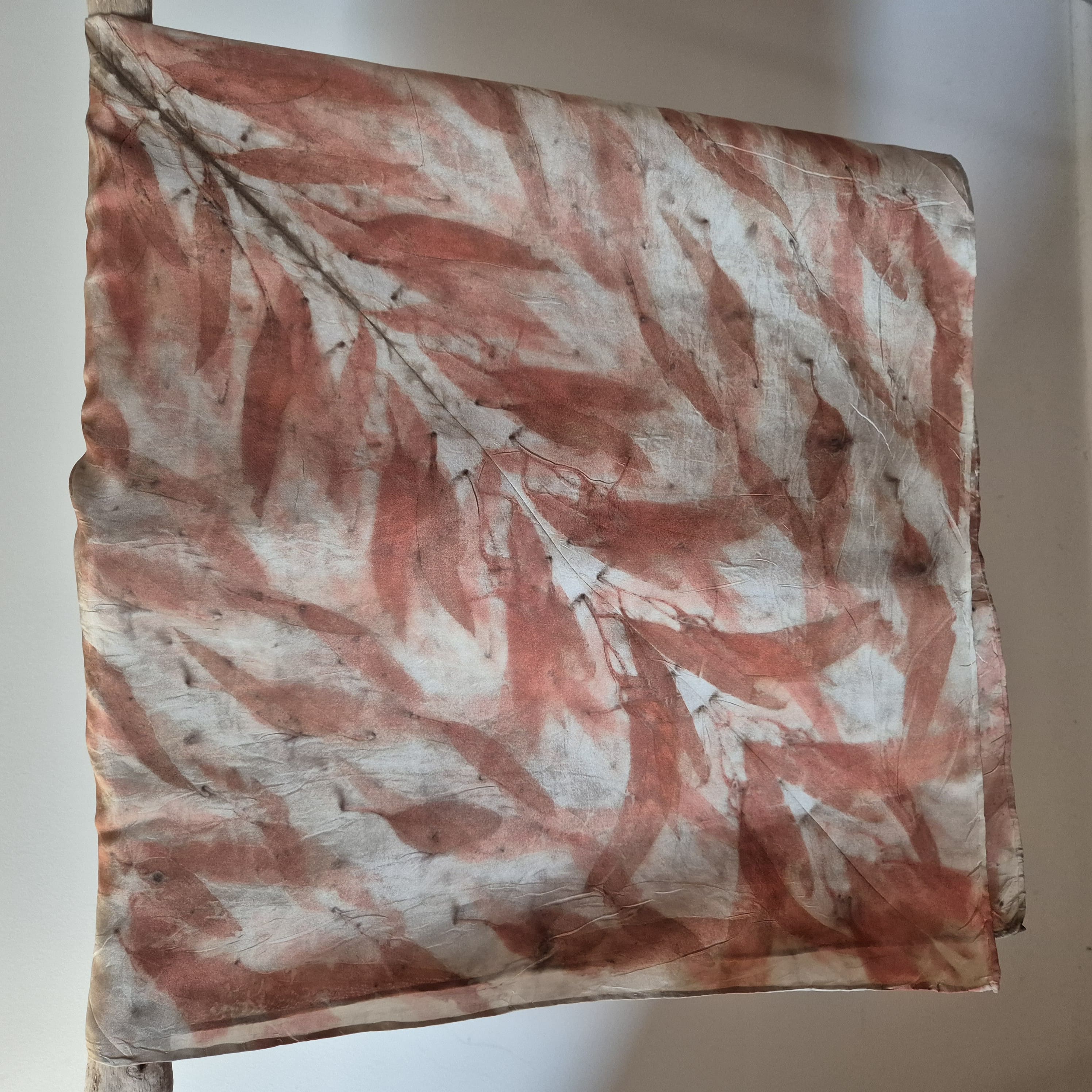 Silk scarf square ecoprinted with eucalyptus leaves