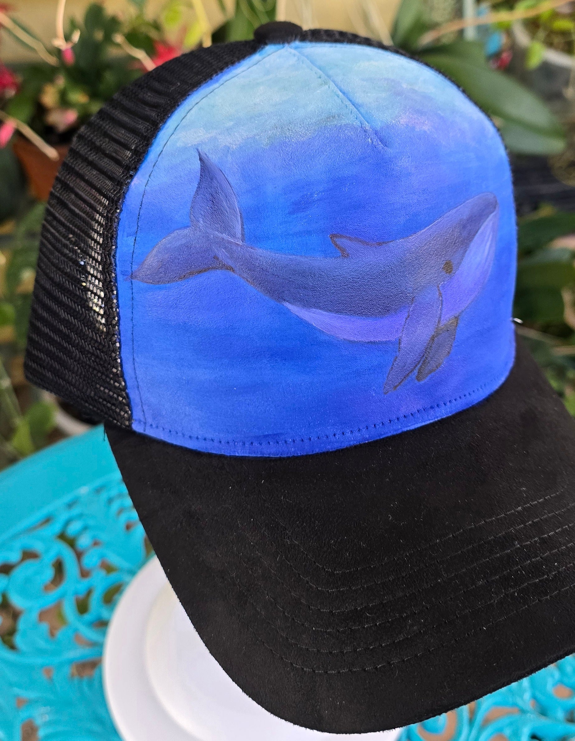 Hand painted whale baseball cap