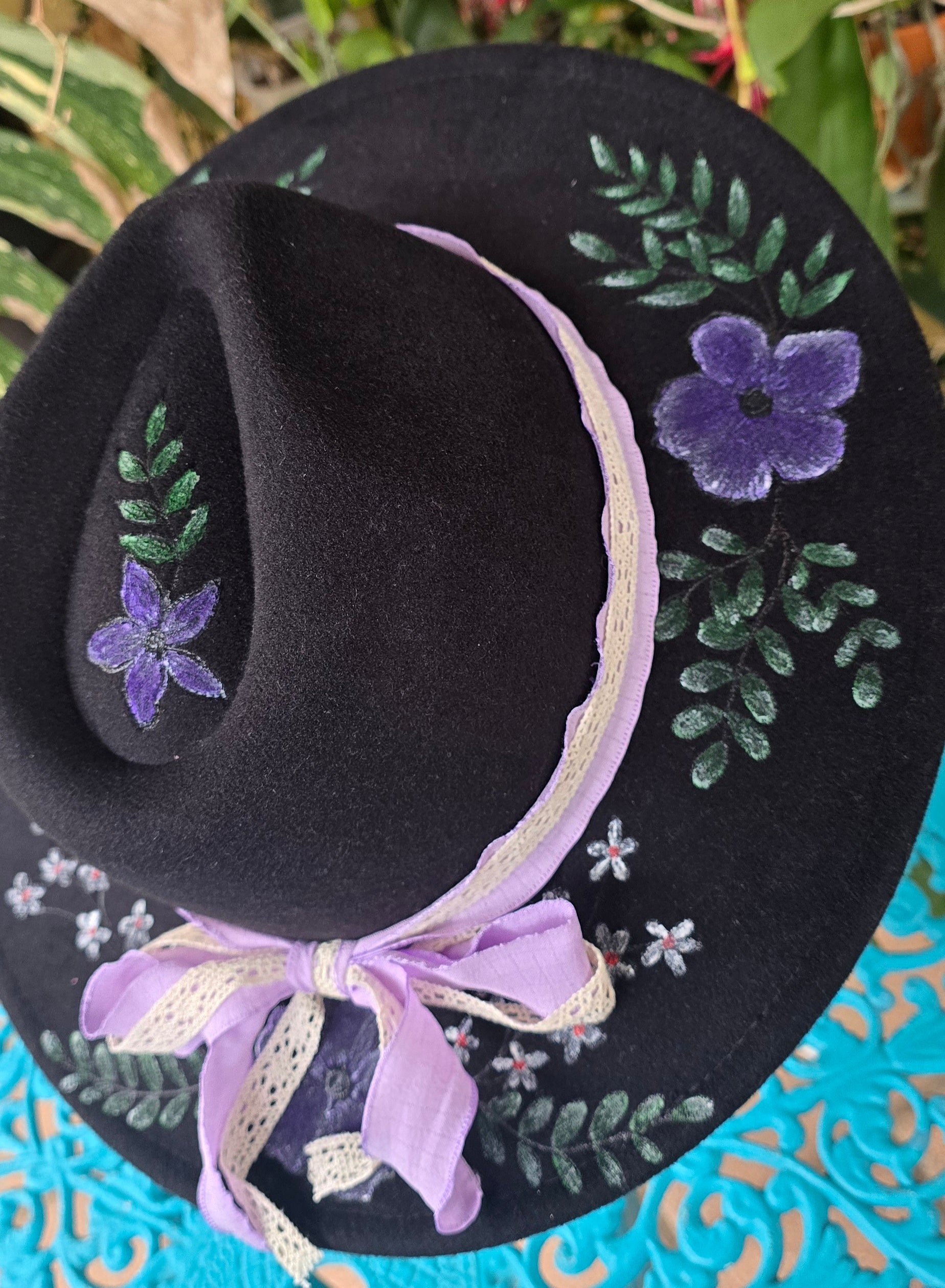 Black fedora hat with pyrography & painting
