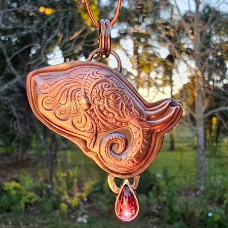 Copper Elephant Pendant with Rhodolite Garnet in Silver