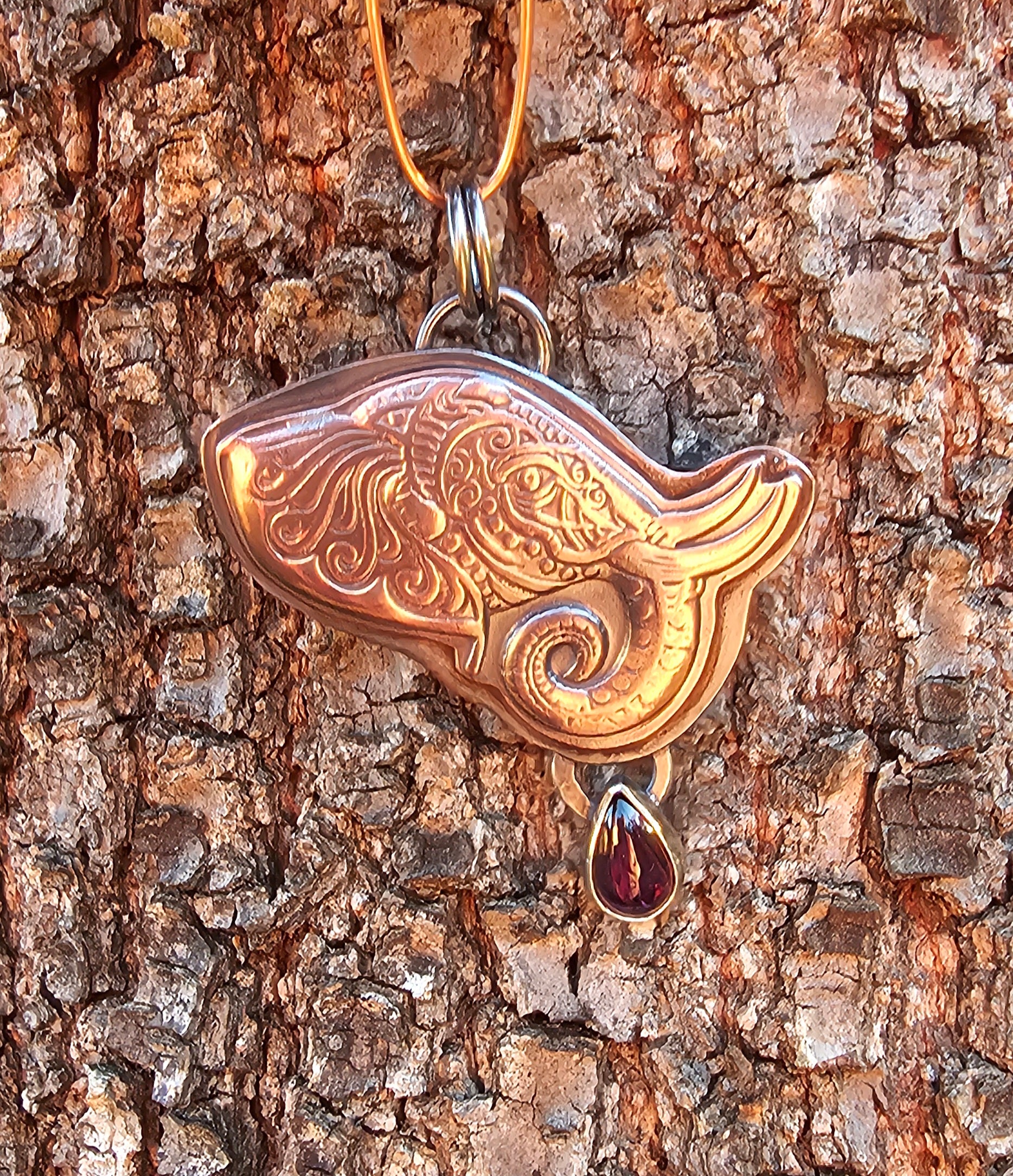 Copper Elephant Pendant with Rhodolite Garnet in Silver