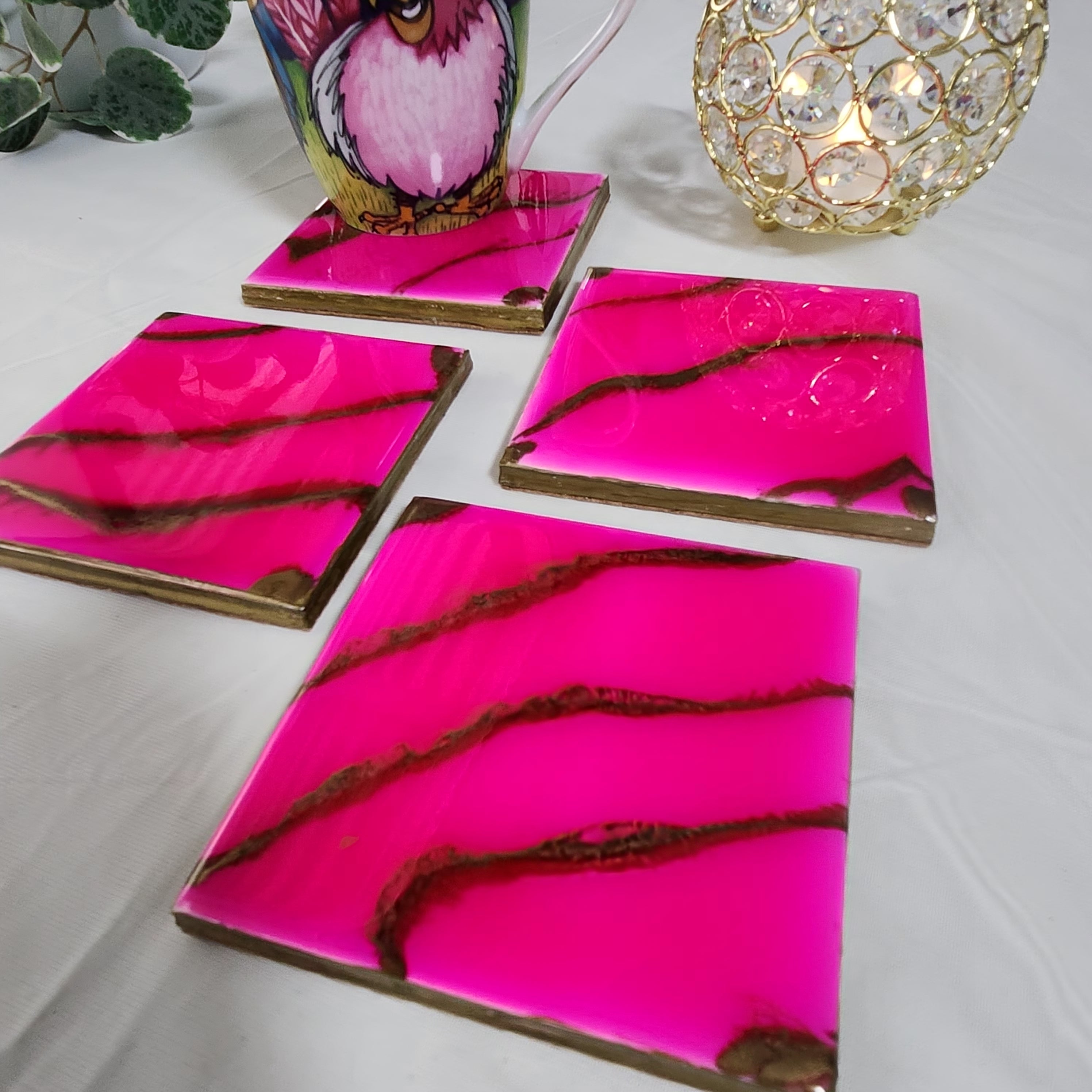 Pink and Gold Resin Drink Coasters Set of 4, Epoxy Resin Coasters, Drinkware