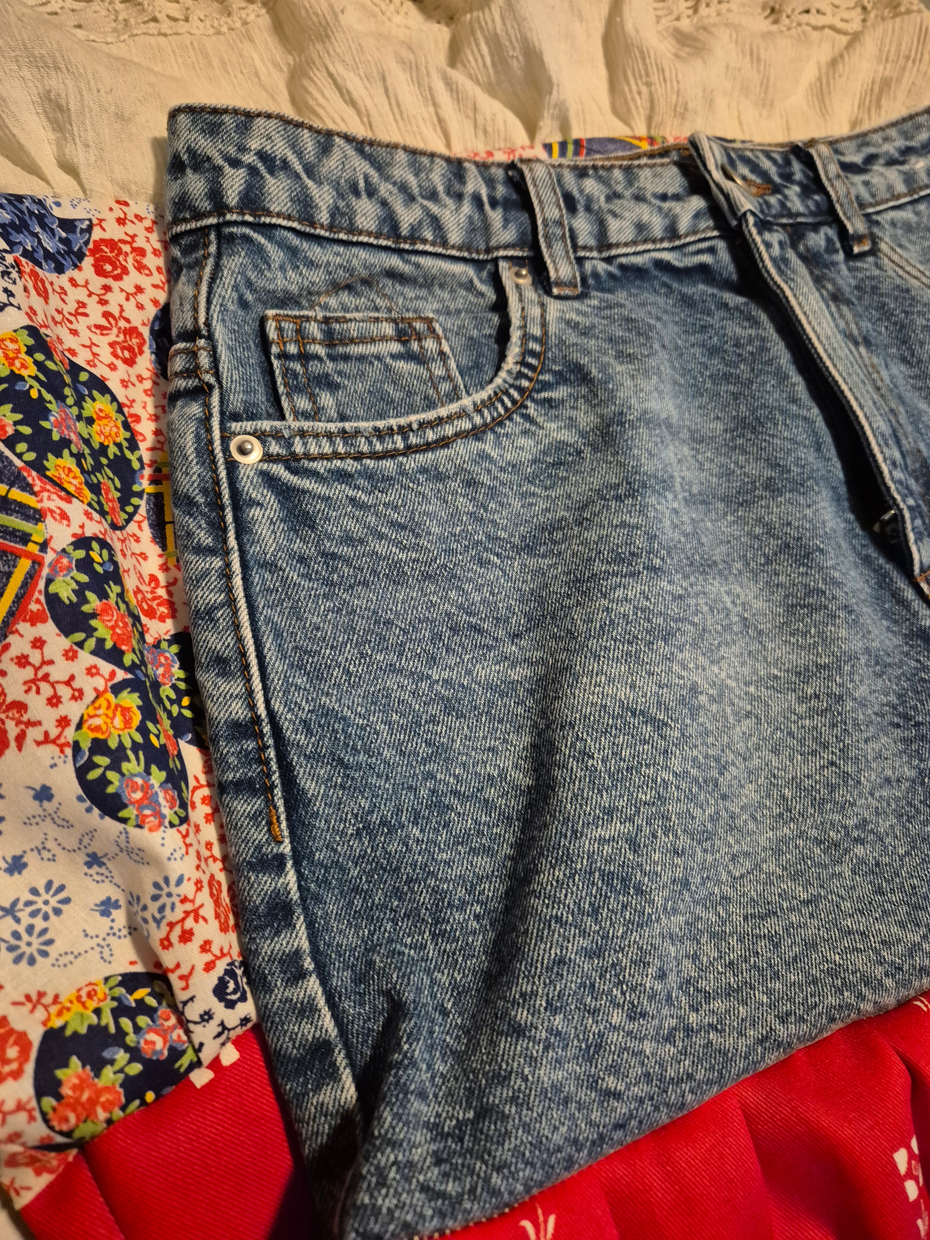 Upcycled, vintage and Unique Denim tiered skirt Size 8