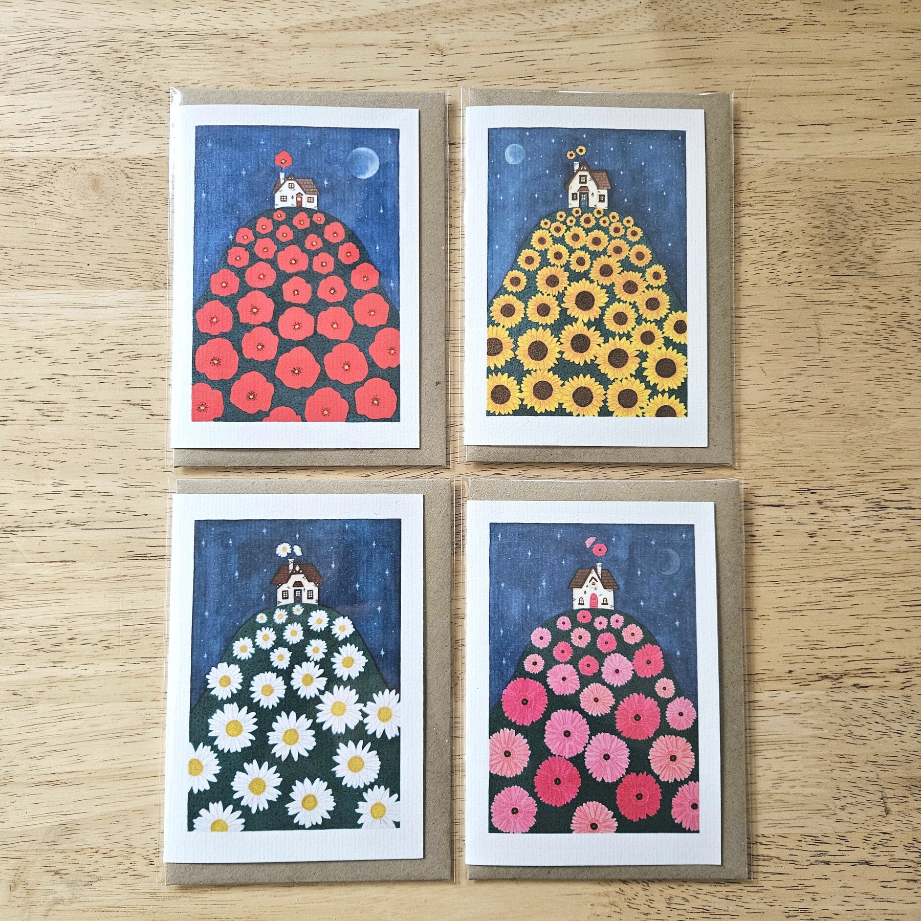 Watercolour Greeting Cards - Floral Cottages - Set of 4