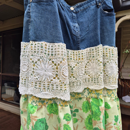 Upcycled, vintage and Unique Denim tiered skirt Size 20