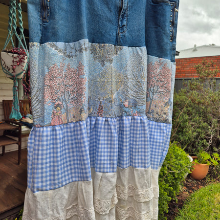 Upcycled, vintage, Unique Denim tiered skirt Size 20