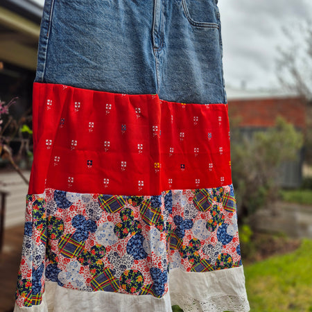 Upcycled, vintage and Unique Denim tiered skirt Size 8