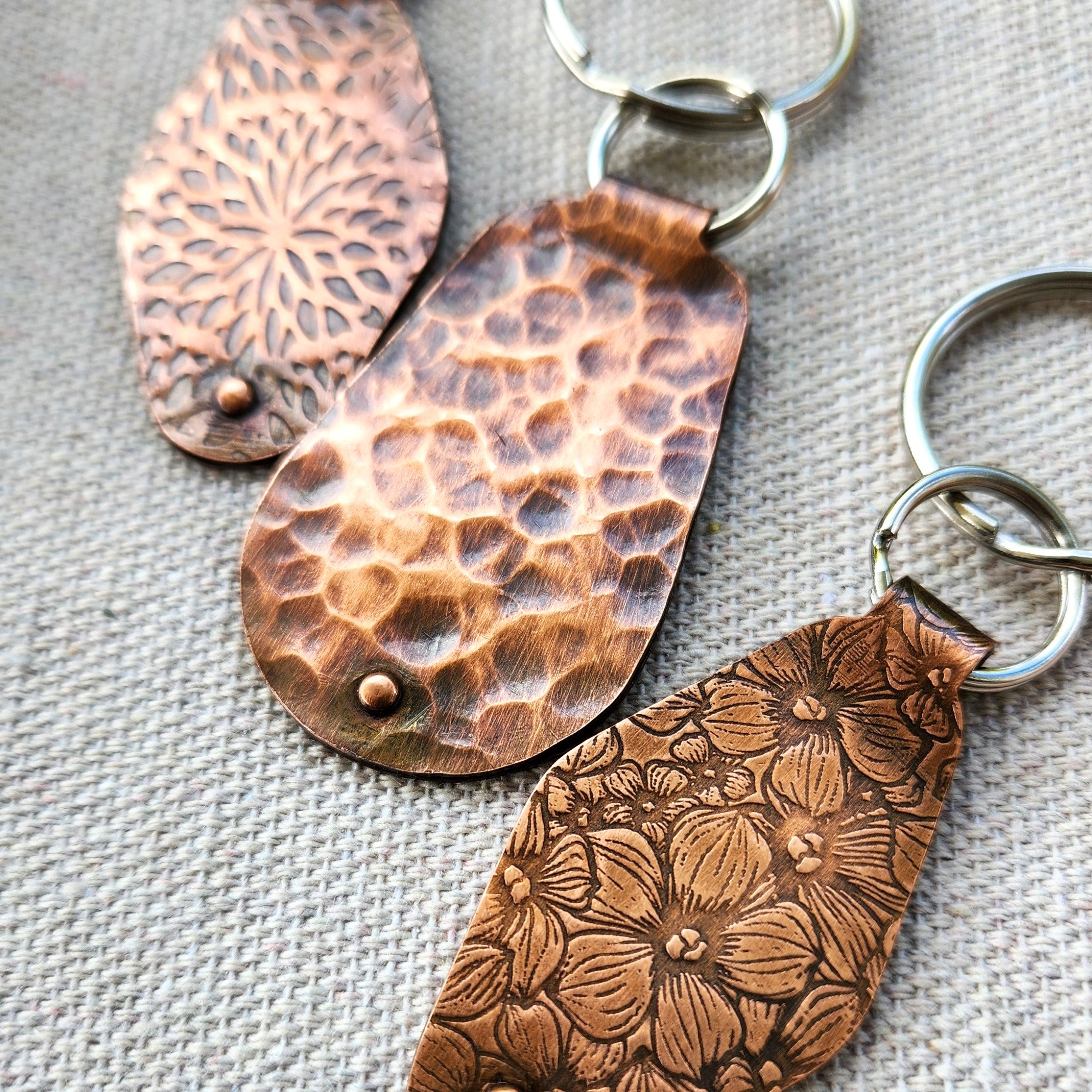 Keyring fobs for him and her - textured copper