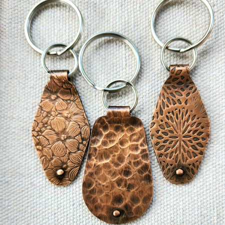 Keyring fobs for him and her - textured copper