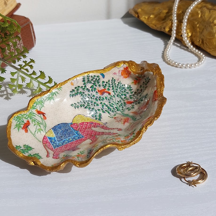 XL real oyster shell trinket dish colourful elephant
