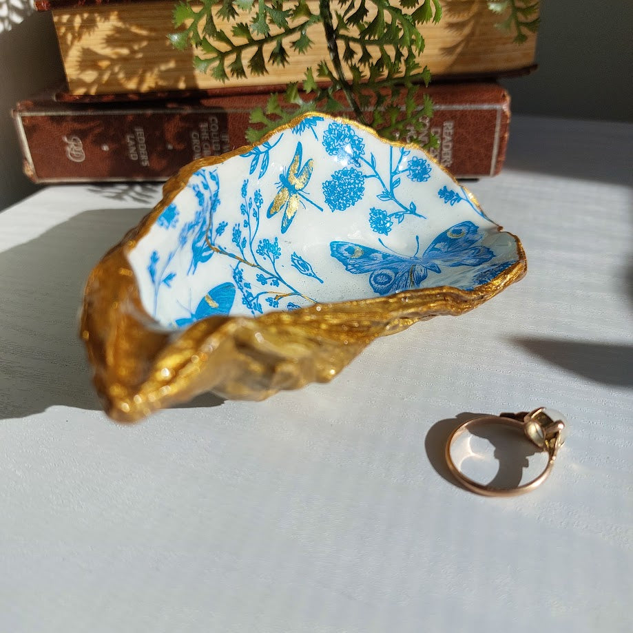 XL real oyster shell trinket butterflies and dragonfly