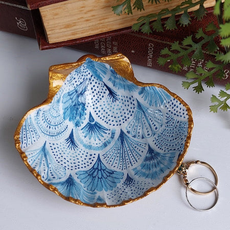Shell dish decoupaged in blue scallop fan design