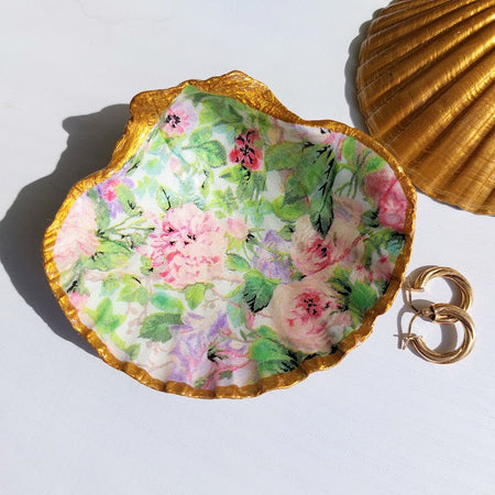 Floral decoupage little scallop shell trinket dish