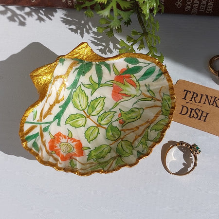 Flowers and thorns decoupage scallop shell trinket dish