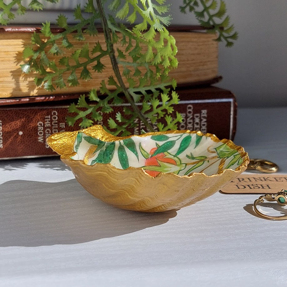 Flowers and thorns decoupage scallop shell trinket dish