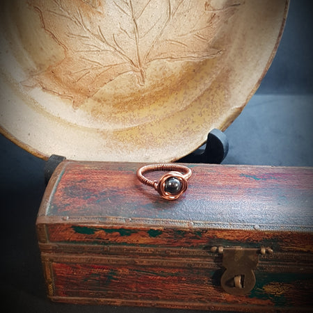 Crazy wrapped ring, in copper and hematite stone (303 AM/R)