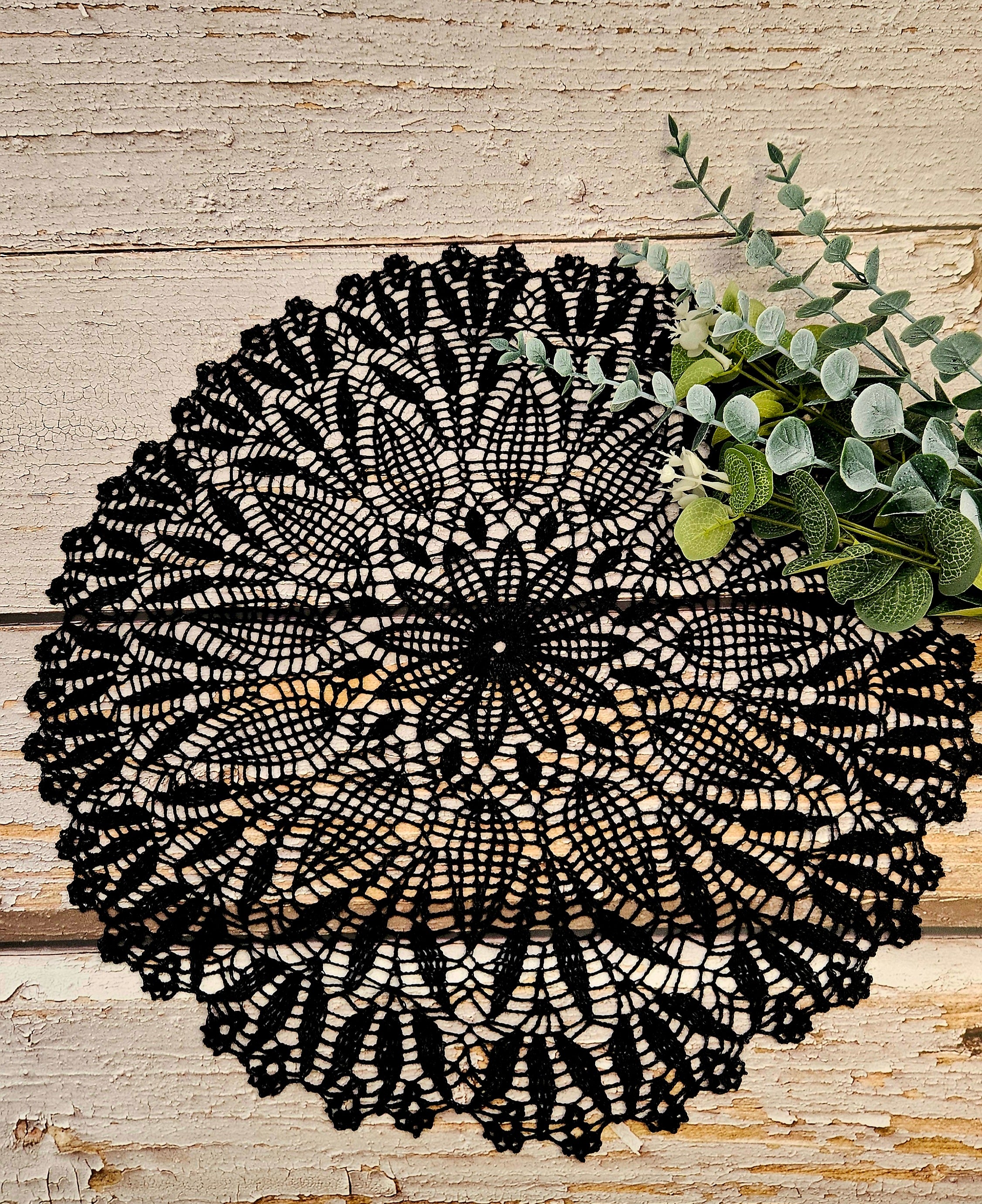 🖤 Handmade Black Silk Lace Crochet Doily – 39 cm Statement Table Décor