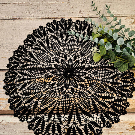 🖤 Handmade Black Silk Lace Crochet Doily – 39 cm Statement Table Décor