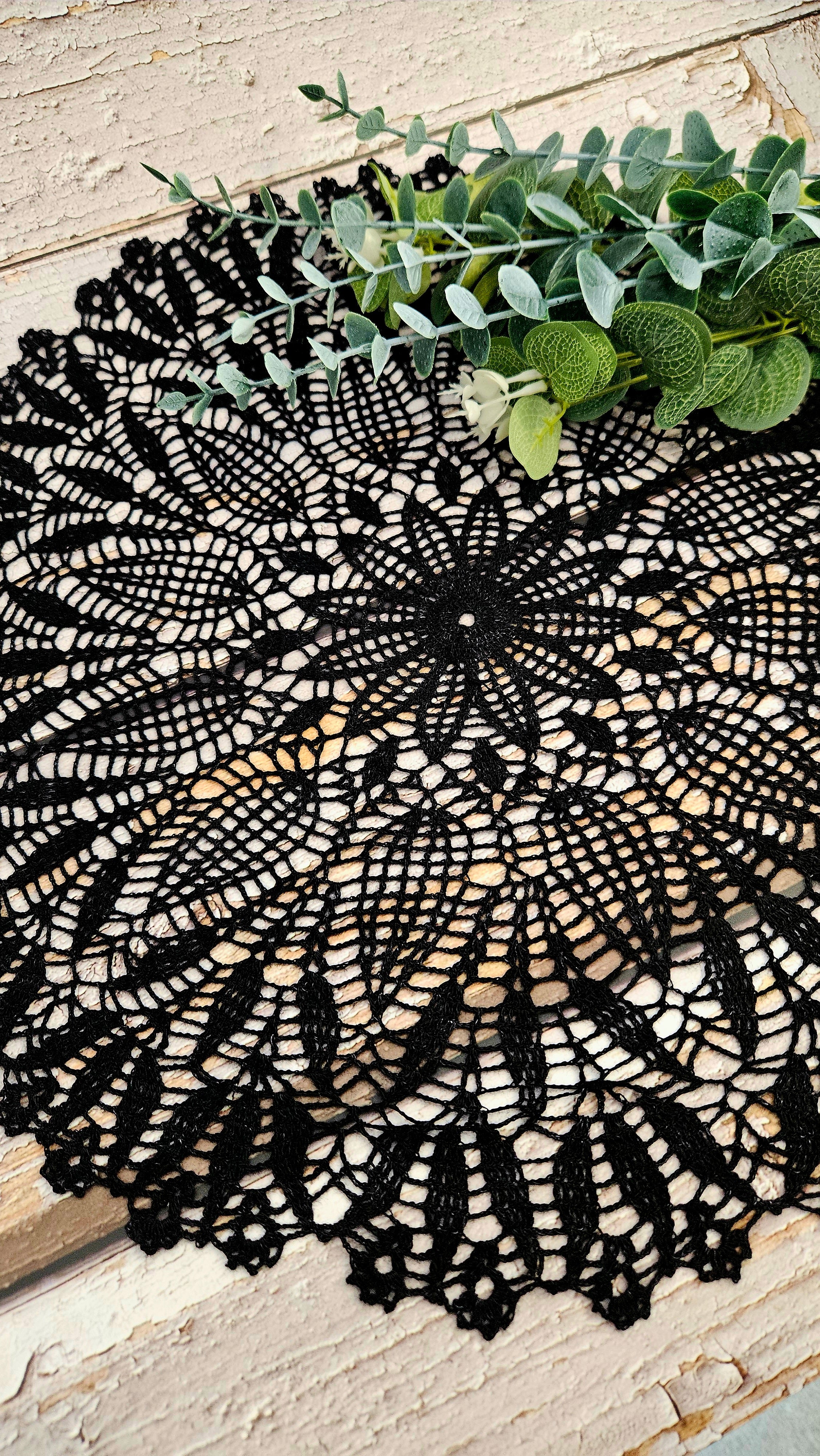 🖤 Handmade Black Silk Lace Crochet Doily – 39 cm Statement Table Décor