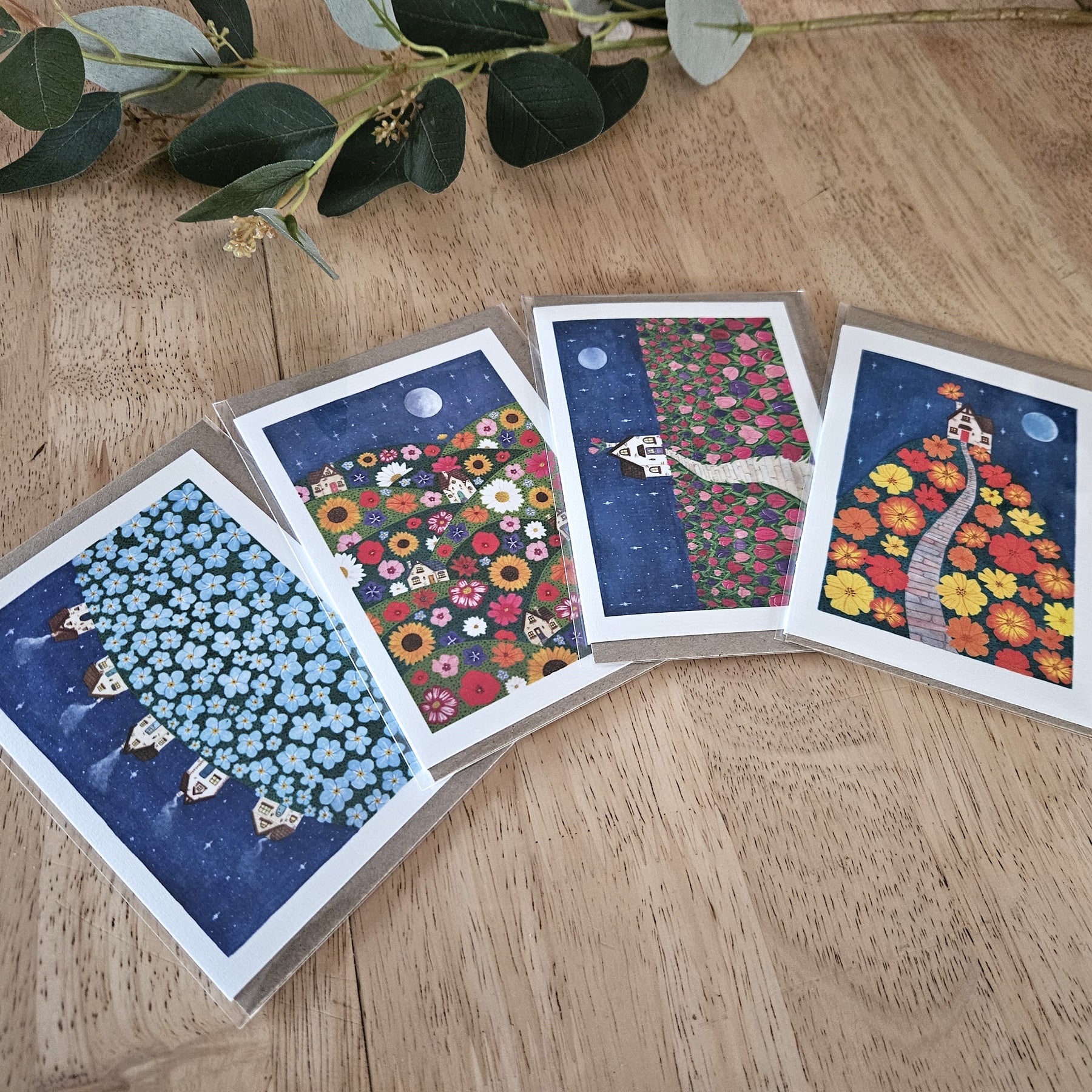 Watercolour Greeting Cards - Floral Cottages - Set of 4