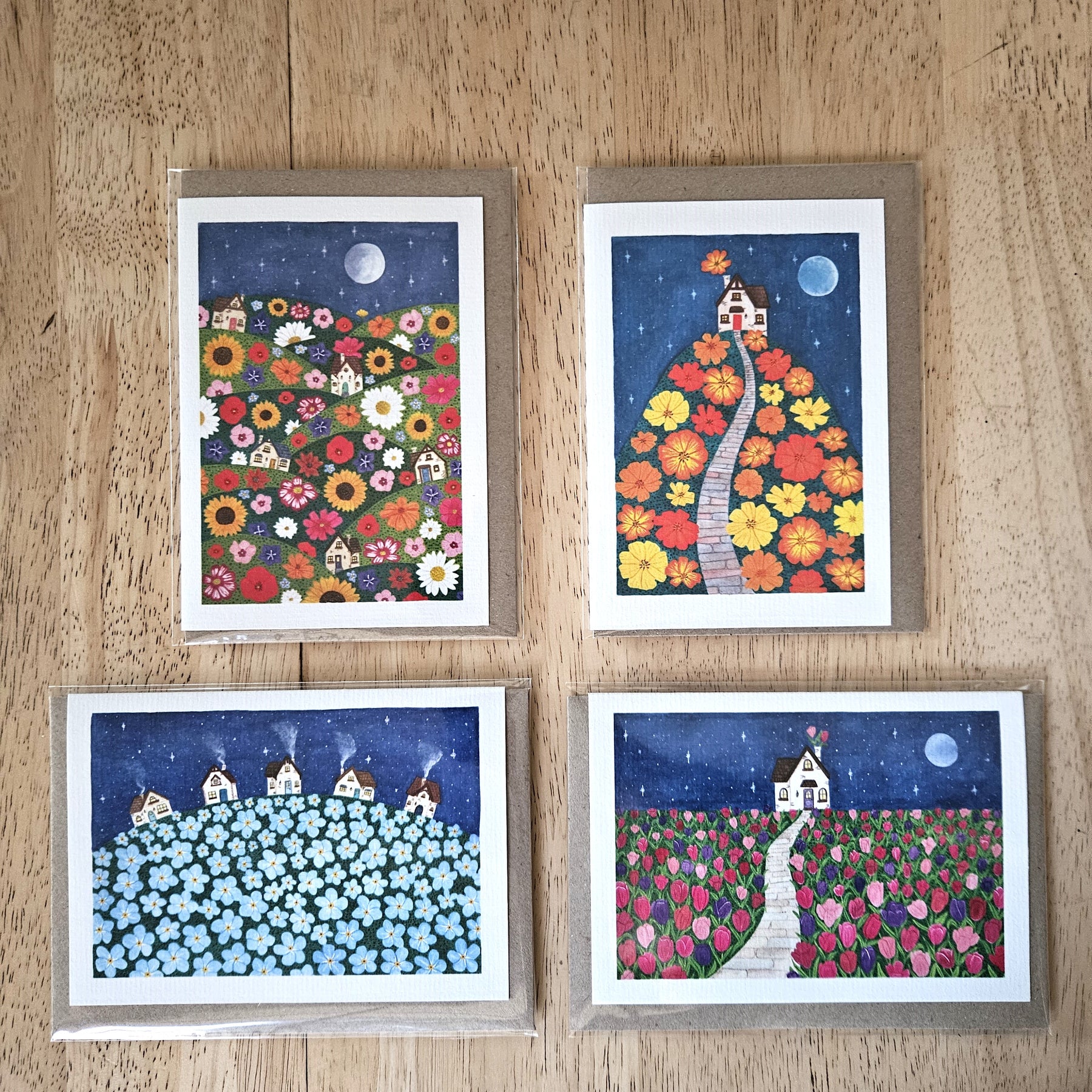 Watercolour Greeting Cards - Floral Cottages - Set of 4