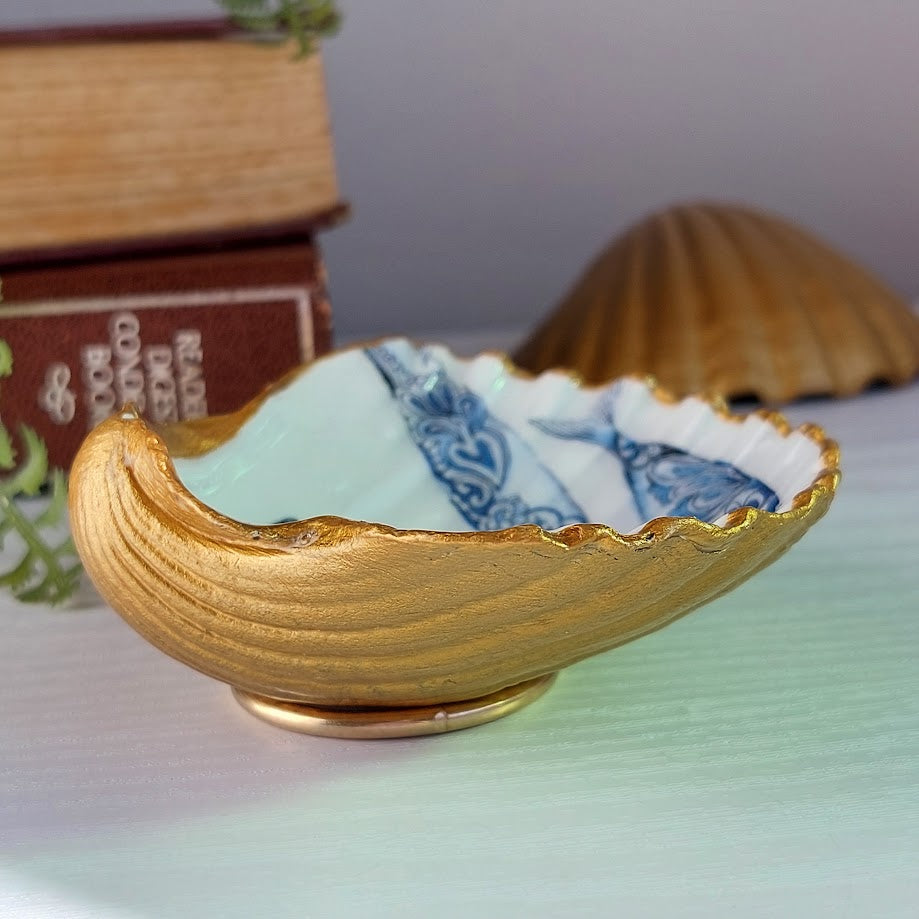 Blue and white fish decoupaged real scallop shell