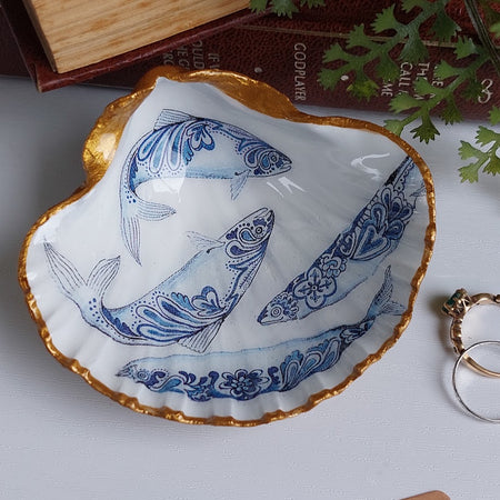 Blue and white fish decoupaged real scallop shell