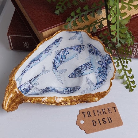 Blue and white fish real shell trinket dish