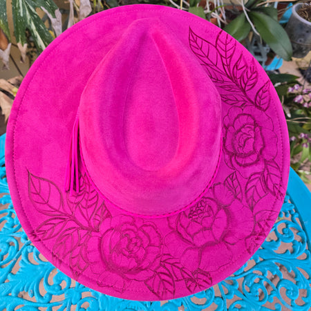 Rose red handburnt peonies fedora hat